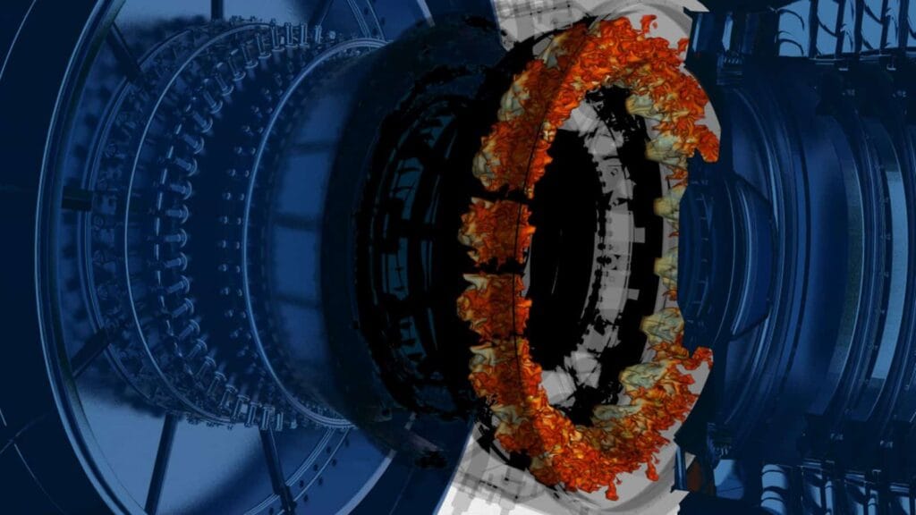 Cutaway of a gas turbine combustor