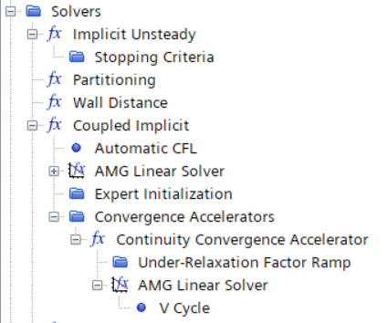 Coupled solver Simcenter STAR-CCM+ tree structure|comparison automatic CFL and continuity convergence accelerator|compressible flow Simcenter STAR-CCM+ CFD
