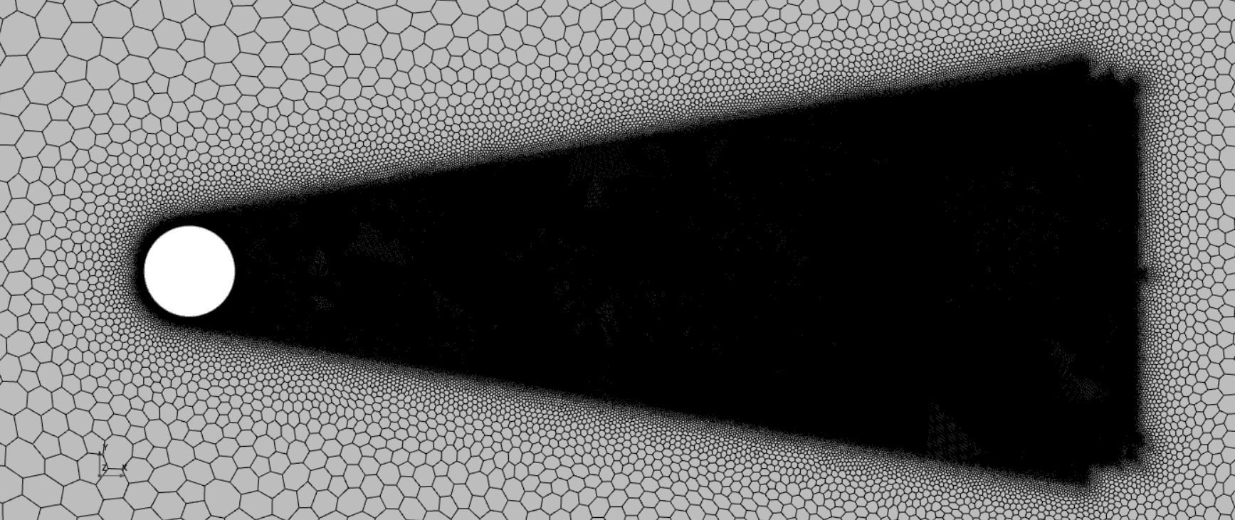 Zoomed-out mesh showing a wake refinement behind a cylinder