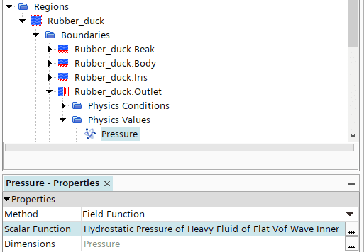 Pressure Outlet boundary condition for Option 2. Assigning field function for hydrostatic gauge pressure.
