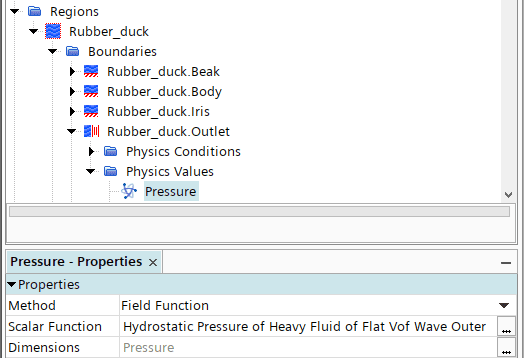 Pressure Outlet boundary condition for Option 1. Assigning field function for hydrostatic gauge pressure.