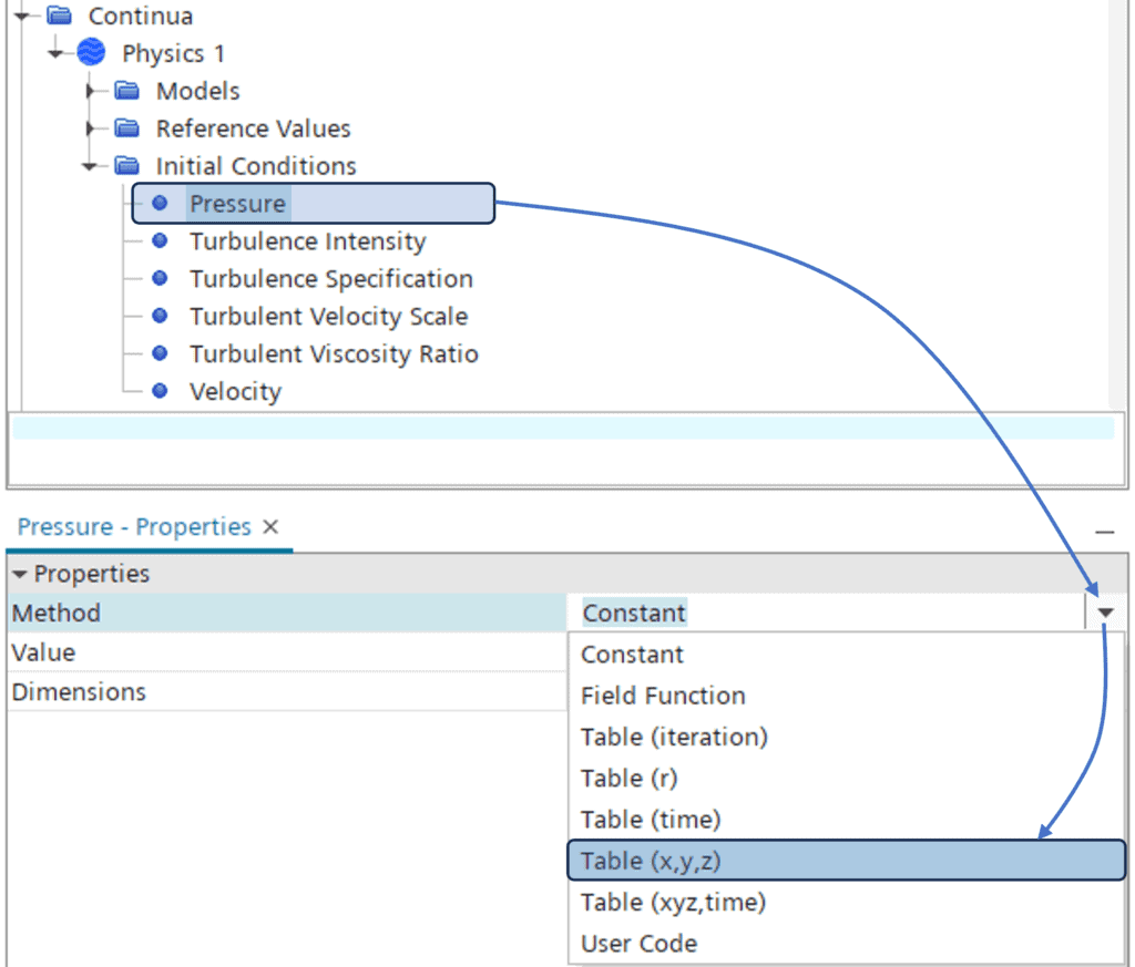 Choosing table as input for initial conditions