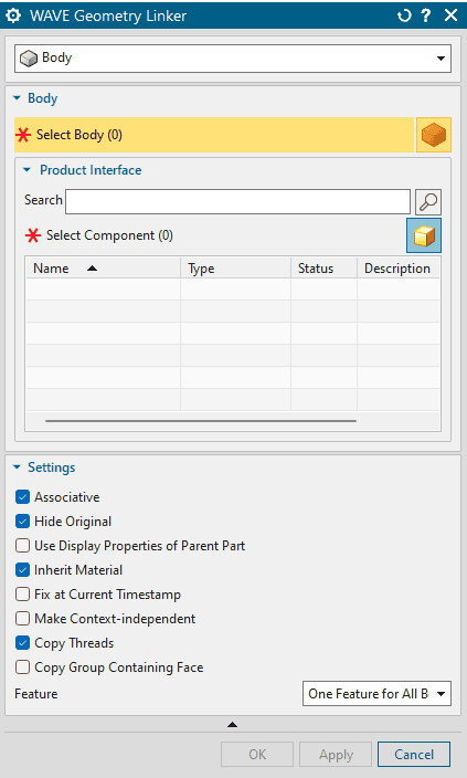 WAVE-link dialogue box where the master geometry part can be hidden 
