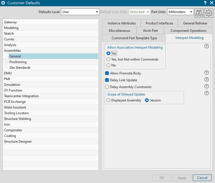 Enabling the updates from a master geometry to be delayed using the customer defaults