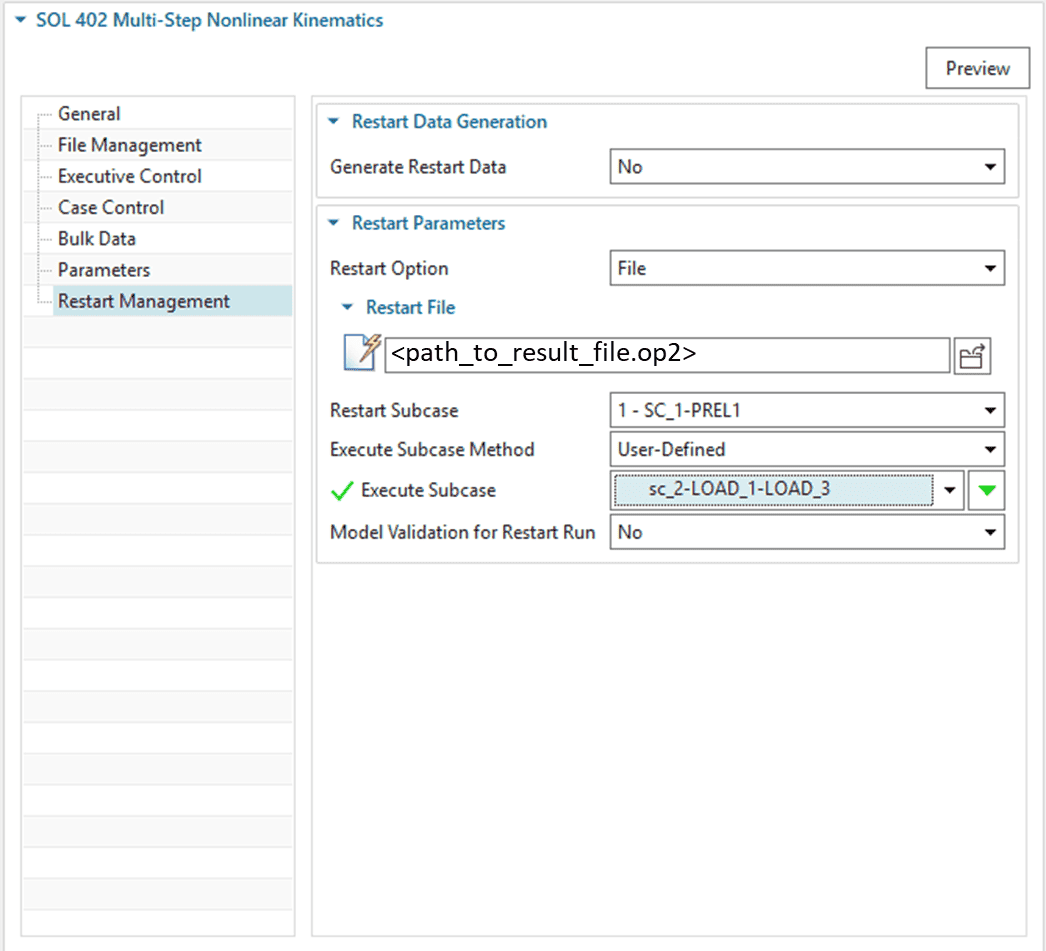 Choosing restart subcase for an external restart in SOL402