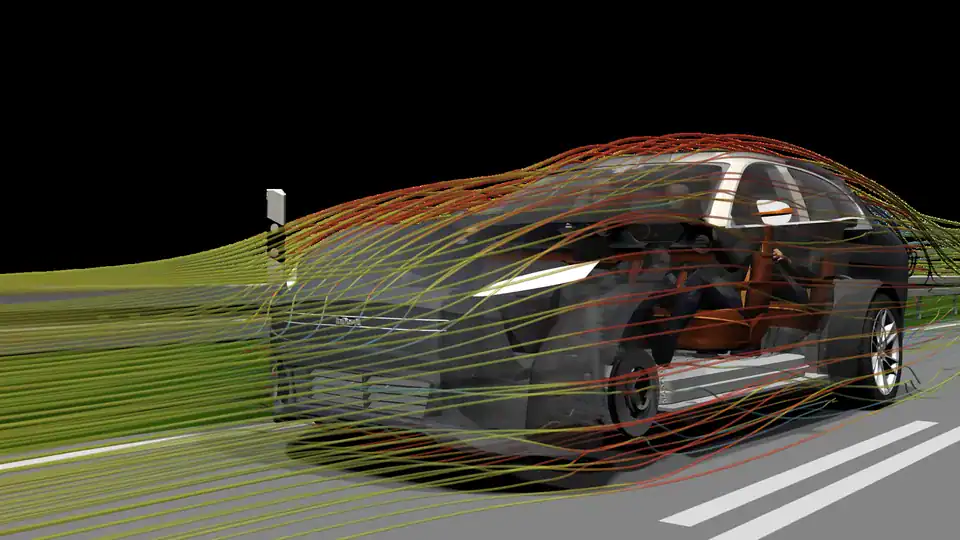 Streamlines coloured by velocity flowing around a car body