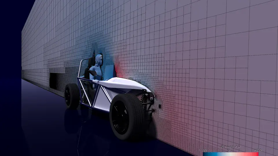 Cut through a CFD mesh around a car, with small cells near the body and larger cells further away