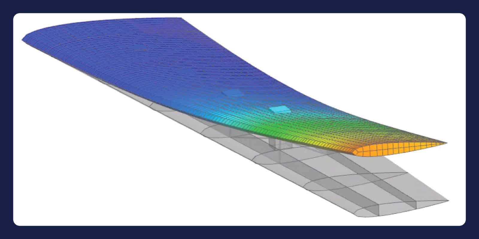 Simcenter Nastran wing deflection, with a displacement contour on the deformed wing over its grey undeformed shape