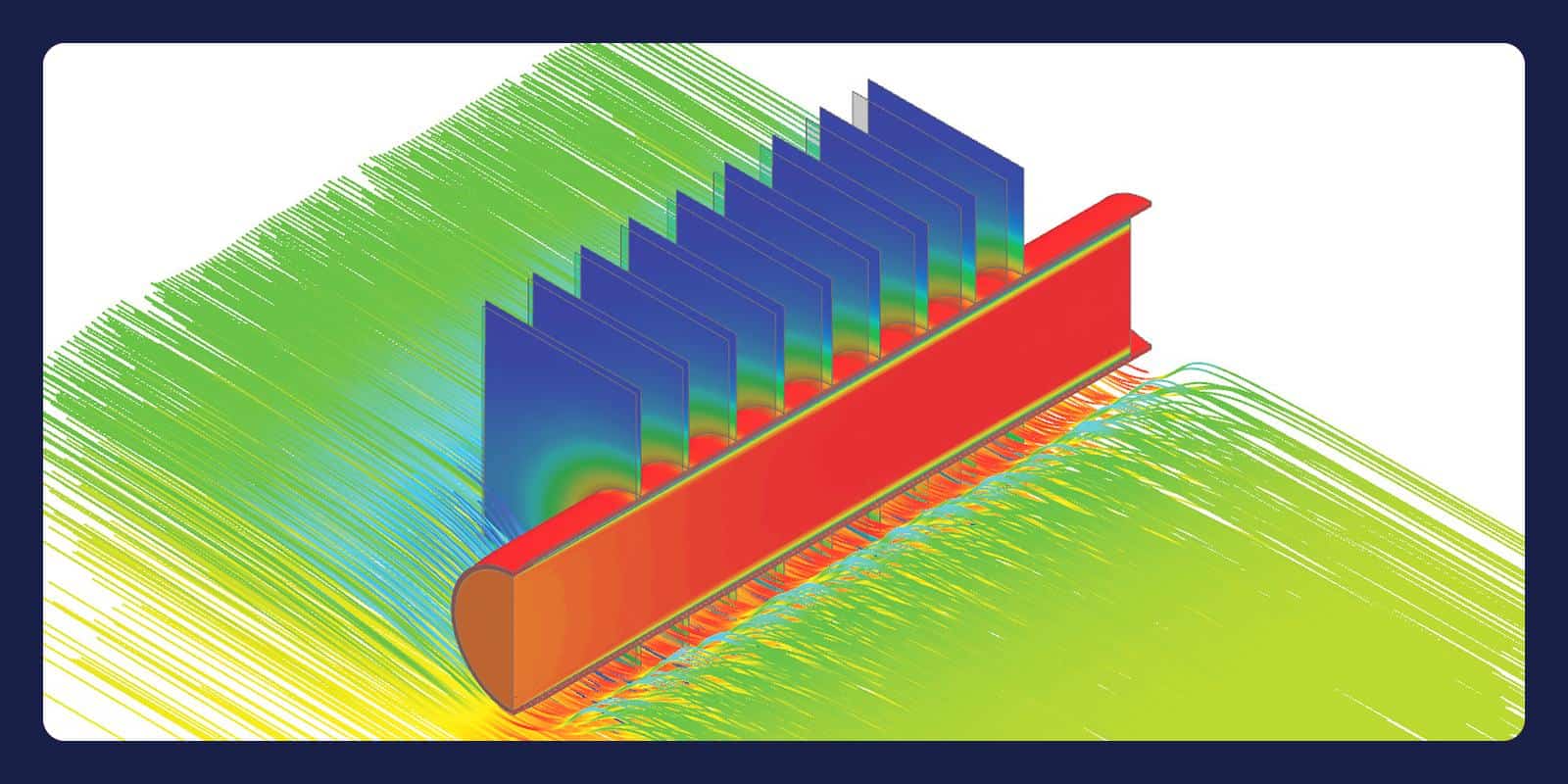 Simcenter 3D thermal result: temperature contour on a finned heat sink, with airflow streamlines