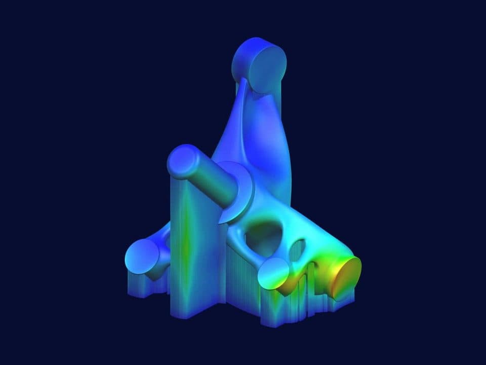 Simcenter 3D additive manufacturing simulation of a bracket with its print supports, shown as a colour contour