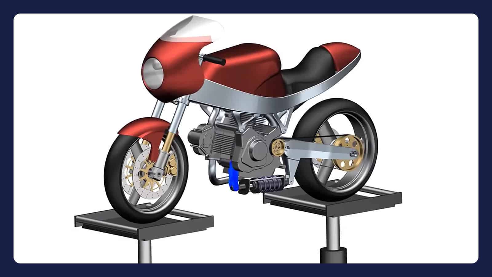 Motorcycle model on a test rig, a frame from the Siemens video Fully integrated CAE in Simcenter 3D