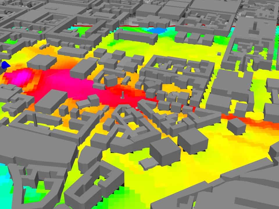Urban wireless coverage map: signal strength among city buildings around a transmitter