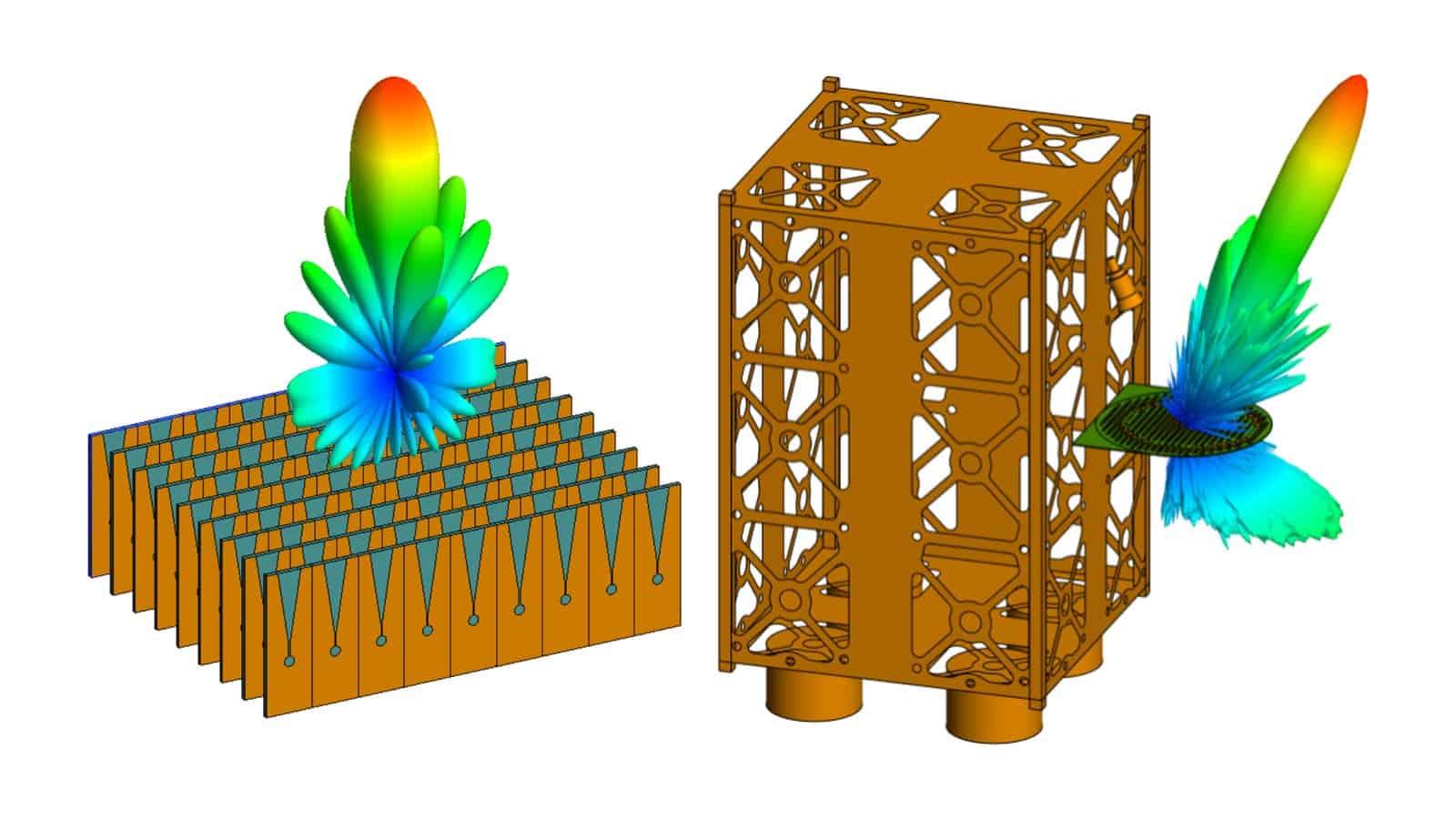 Simcenter Feko 2026.1: radiation patterns of a phased antenna array and of an antenna on a satellite structure