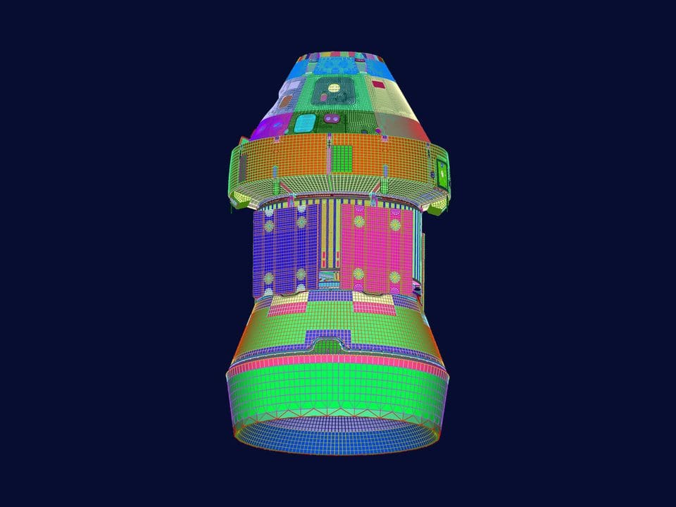 Femap shell mesh of the Orion crew module and service module, each part coloured by property