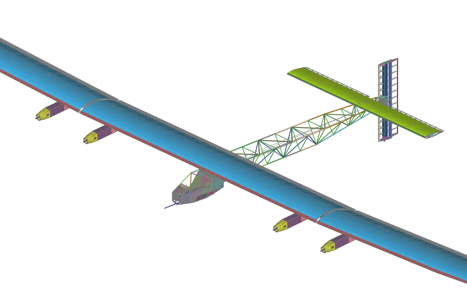 Simcenter Femap model of the Solar Impulse aircraft: shell-meshed wing and tail, beam truss boom, cockpit pod and engine nacelles