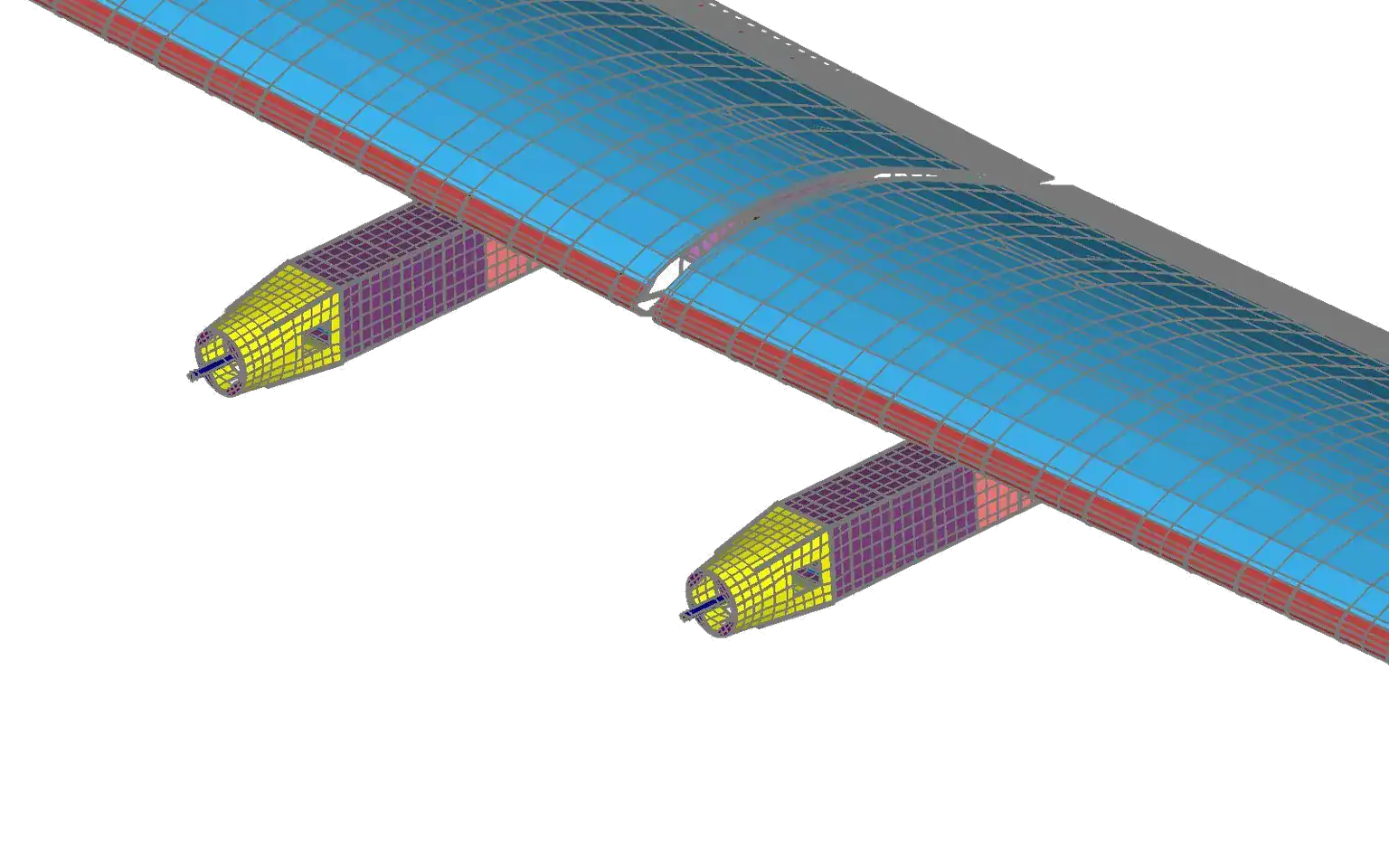 Close-up of the Simcenter Femap shell mesh on the Solar Impulse wing skin and two engine nacelles