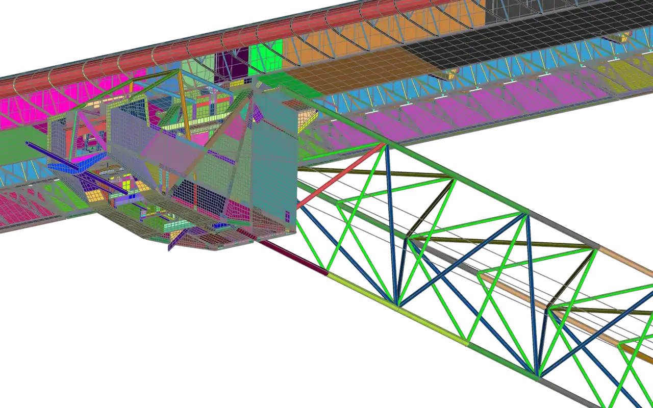 Solar Impulse model in Simcenter Femap with the skins hidden: cockpit pod, wing ribs and the beam truss boom