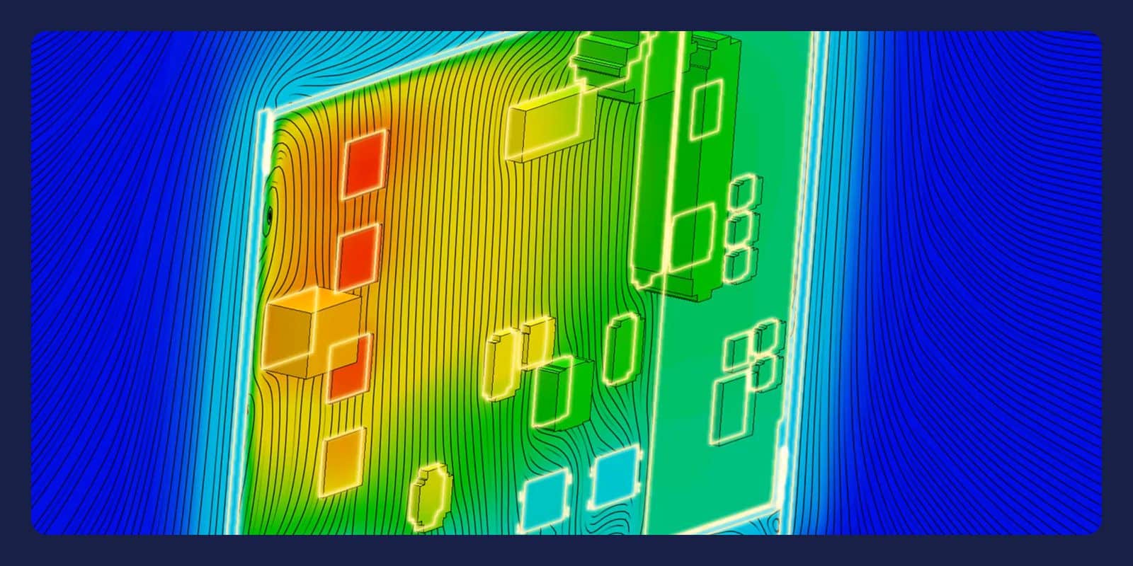Simcenter FLOEFD temperature map of a printed circuit board, with component outlines and isolines