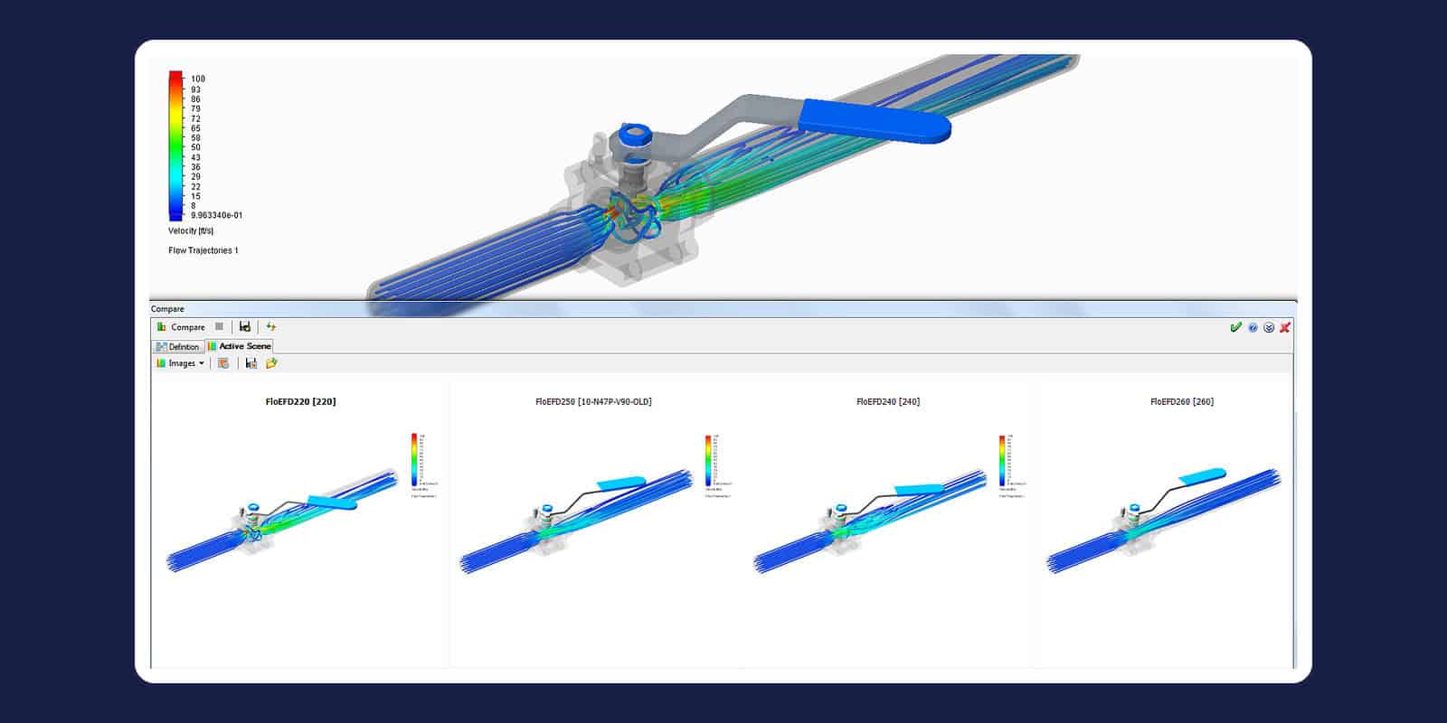 Simcenter FLOEFD Compare view of four ball-valve design variants, with flow trajectories coloured by velocity