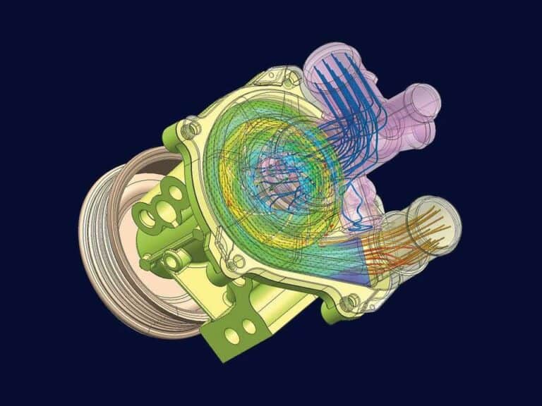 Simcenter FLOEFD simulation of an automotive pump with flow trajectories