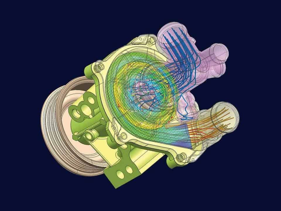 Simcenter FLOEFD simulation of an automotive pump, with internal flow trajectories through the housing