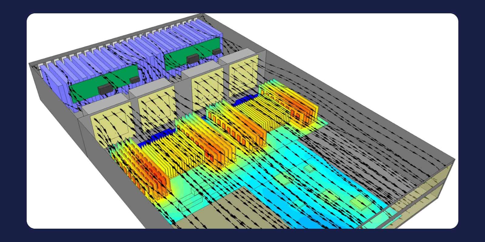 Simcenter Flotherm model of a 2U server built from cuboid parts, with surface temperatures and airflow vectors