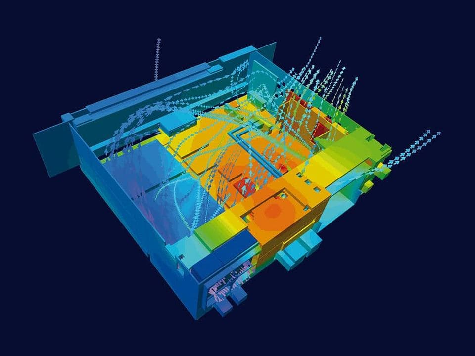 Simcenter Flotherm model of an automotive infotainment unit coloured by temperature, with airflow particle traces