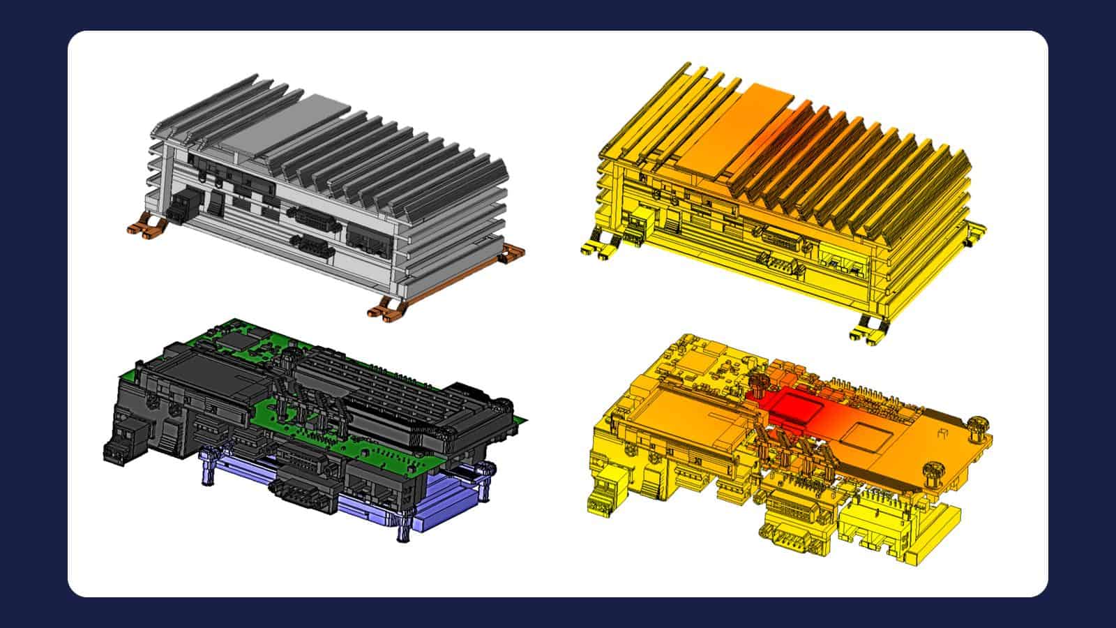 Simcenter Flotherm model of an industrial PC: CAD and temperature views of the finned housing and the board inside