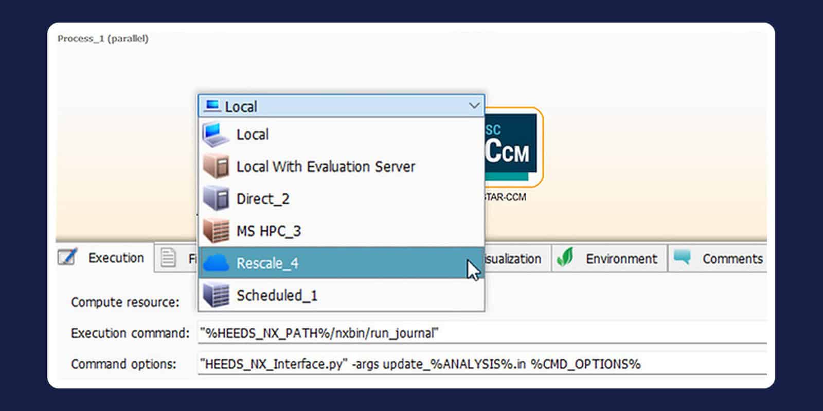 Simcenter HEEDS compute resource menu with local, HPC cluster, cloud and scheduled options