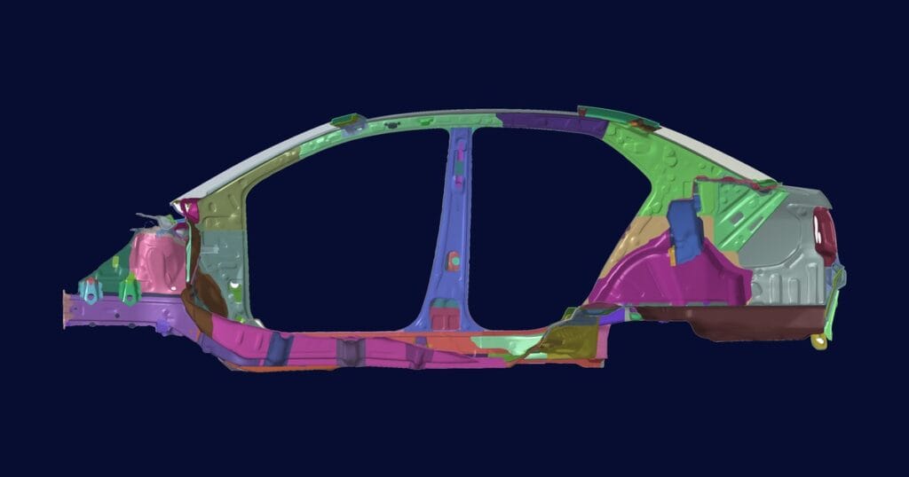 Car body side frame in Simcenter HyperMesh, with each component in its own colour