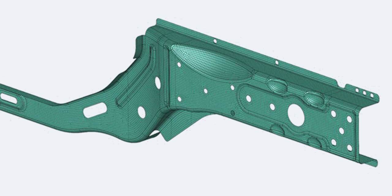 Finite element mesh of an automotive structural rail in Simcenter HyperMesh 2026.1