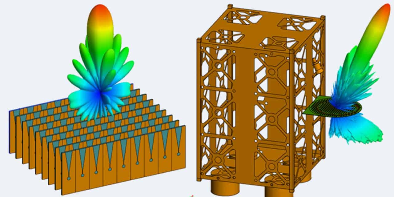 Simcenter Feko 2026.1 antenna radiation patterns on a phased array and a satellite structure