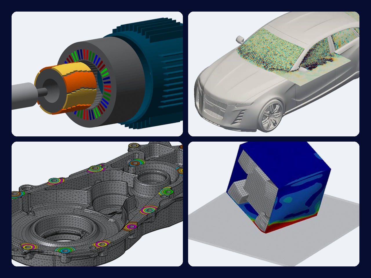Four Siemens 2026.1 results from former Altair HyperWorks tools: an exploded motor in Simcenter Fluxmotor, airflow over a car in Ultrafluid, a meshed housing in SimLab and a stress result in OptiStruct