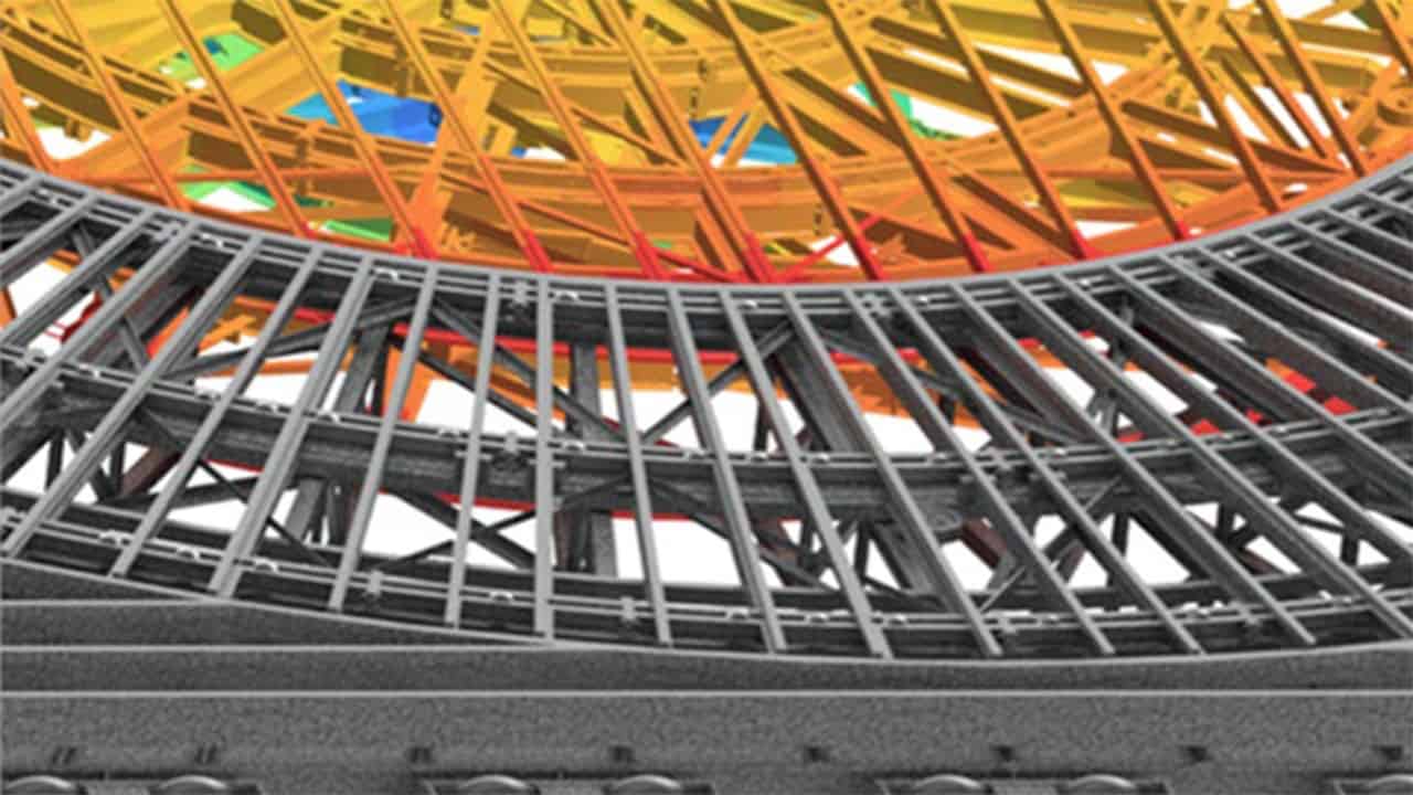Simcenter SimSolid 2026.1 result on a lattice above a steel framework, with colour contours on the beams