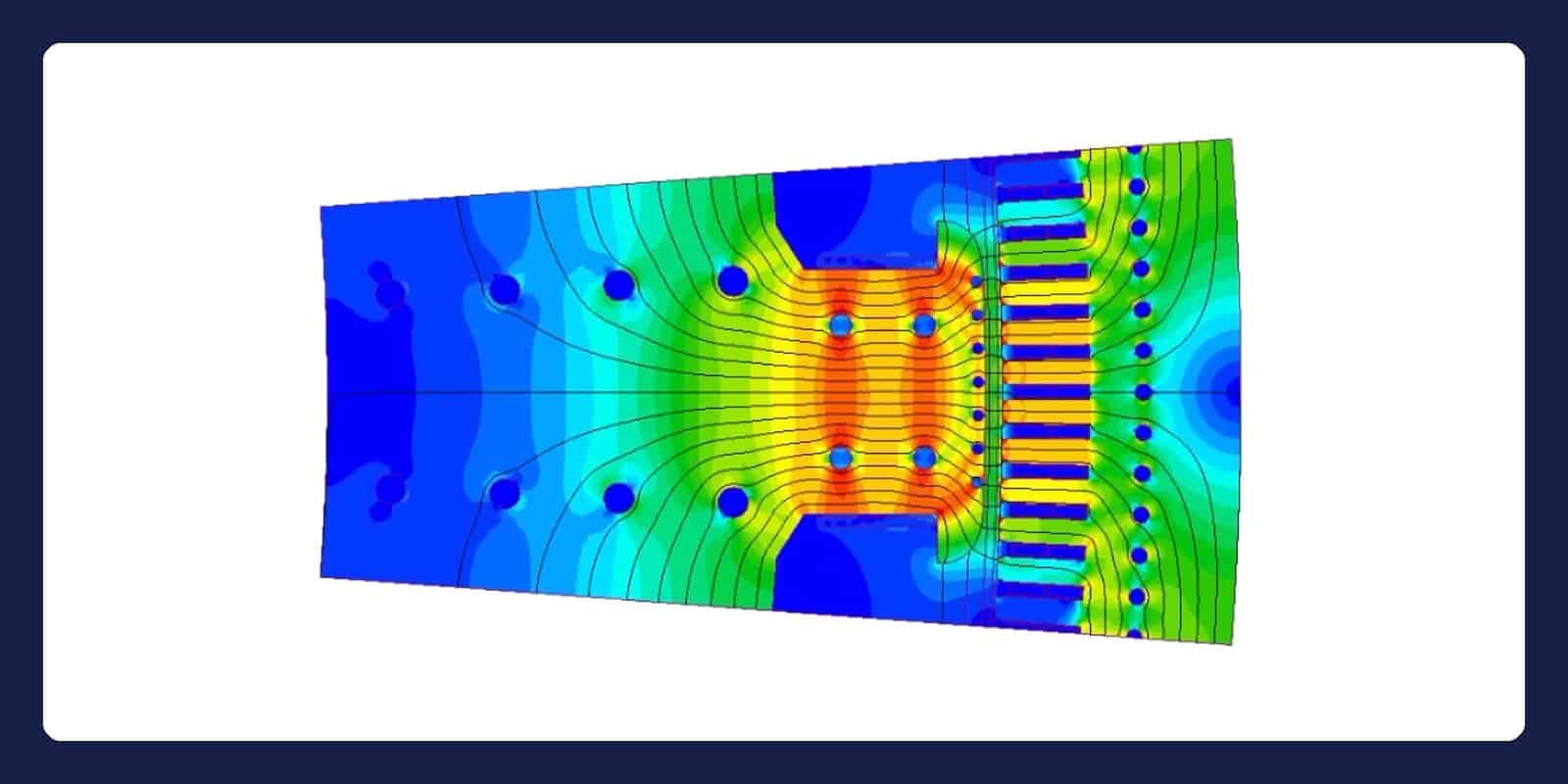 Simcenter MAGNET: magnetic flux density and flux lines across a hydro generator pole and stator in a transient solution