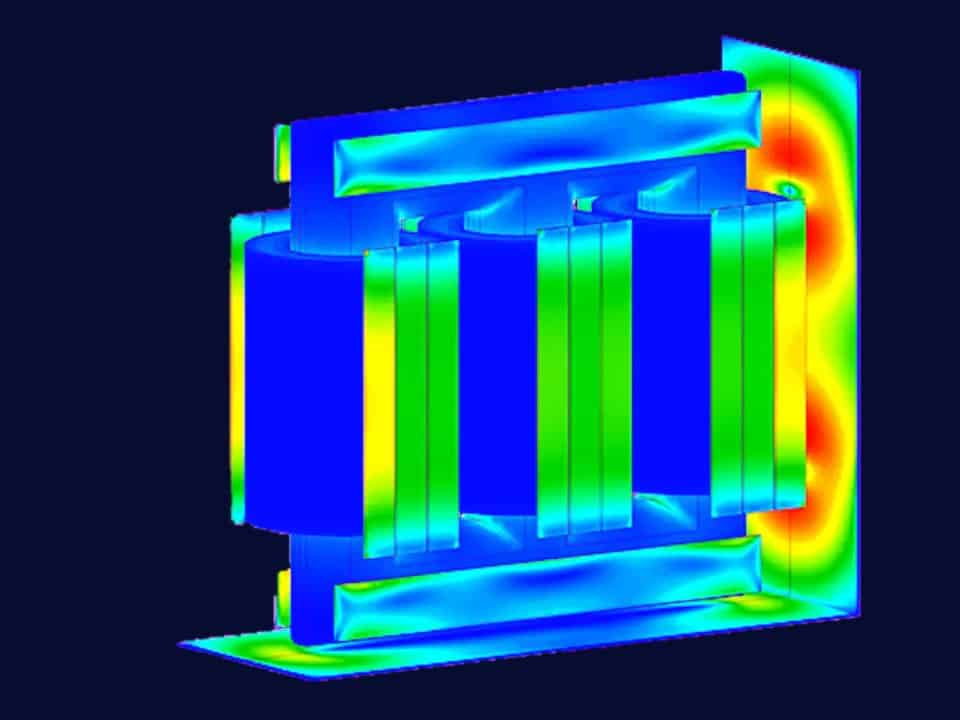Simcenter MAGNET AC electromagnetic simulation of a three-phase transformer, coloured by the solution field
