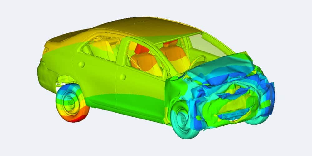 Displacement contour on a full vehicle after a frontal crash