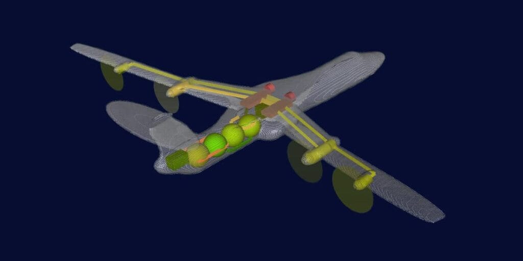 Simcenter Amesim 3D animation of an aircraft concept with fuselage tanks and wing-mounted electric propulsors