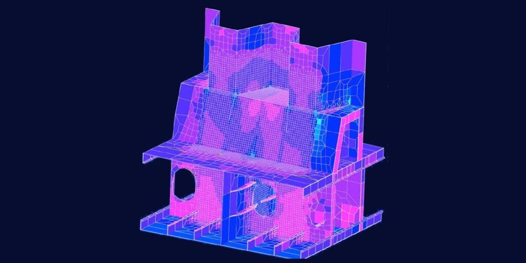 Simcenter Femap finite element mesh of a ship structure with decks, bulkheads and stiffeners
