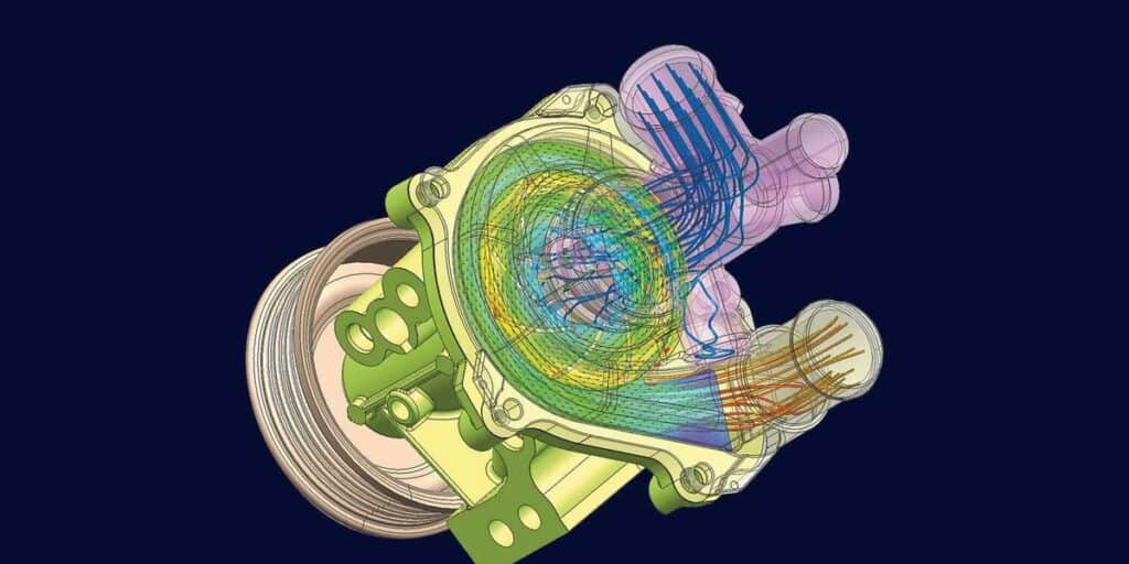 Simcenter FLOEFD simulation of an automotive pump, with internal flow trajectories through the housing