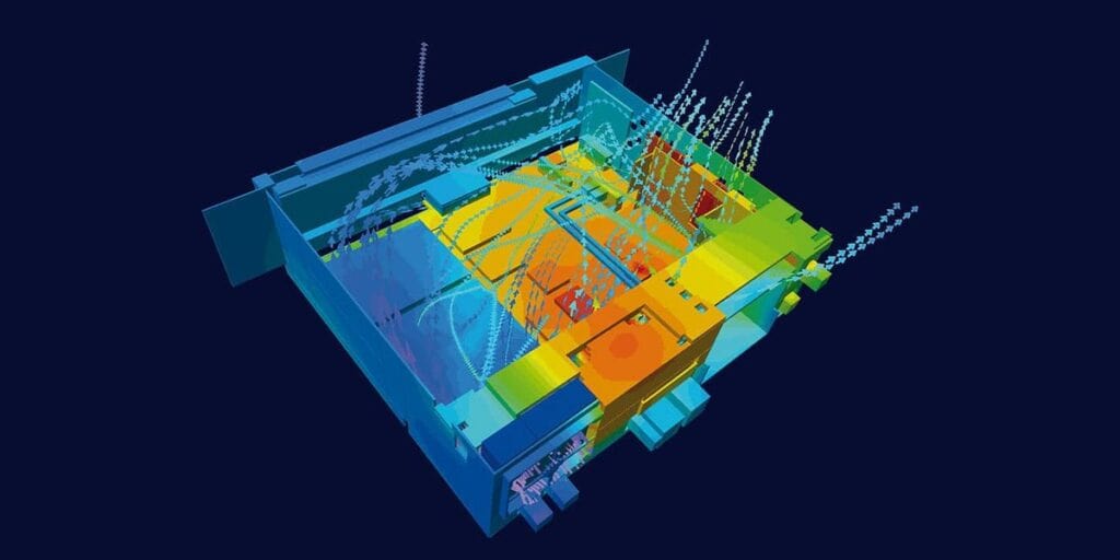 Simcenter Flotherm model of an automotive infotainment unit coloured by temperature, with airflow particle traces