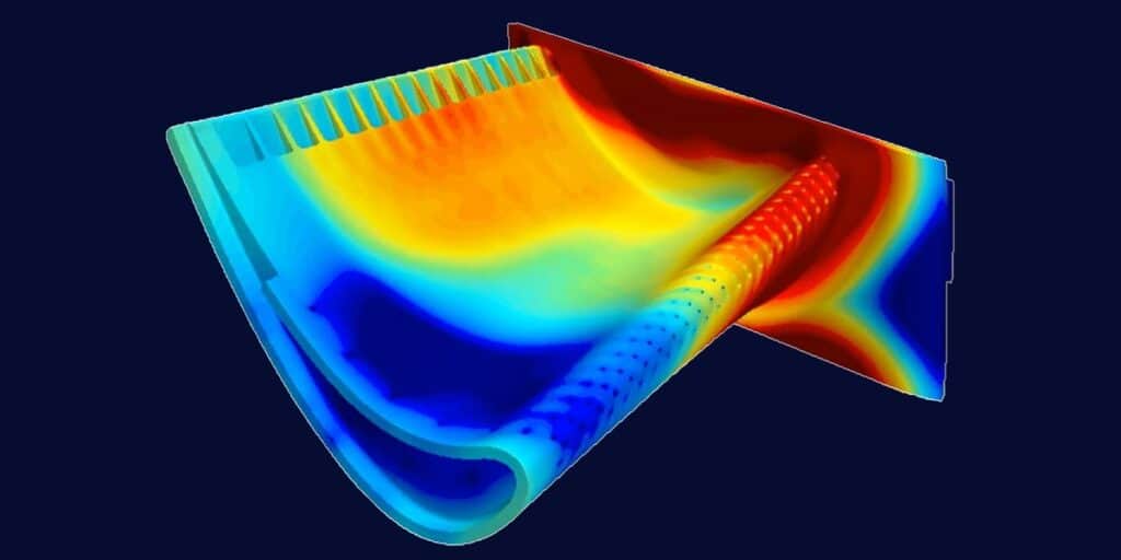 Temperature field on a cooled turbine blade from a Simcenter HEEDS design study, with hot areas in red and cooled areas in blue