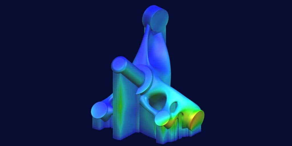 Simcenter 3D additive manufacturing simulation of a bracket with its print supports, shown as a colour contour
