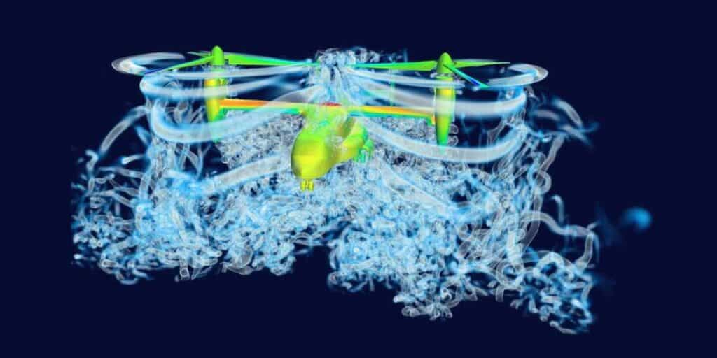 Simcenter STAR-CCM+ simulation of a tiltrotor aircraft, with the rotor-wake vortices shown as translucent tubes