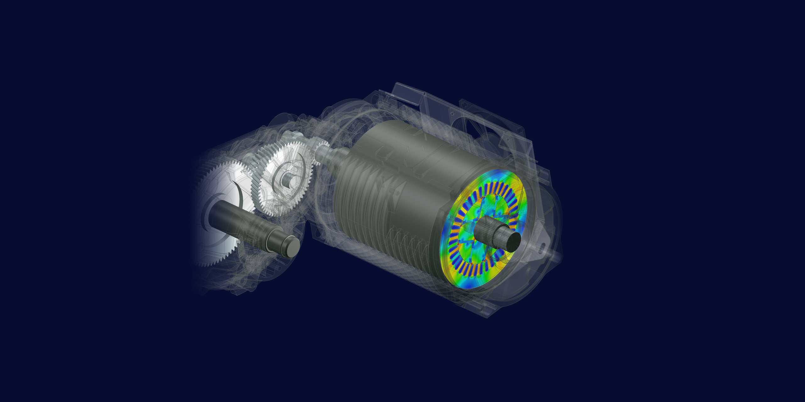 Simcenter simulation of an electric drive unit, with the stator field shown in colour inside a translucent motor and gearbox housing