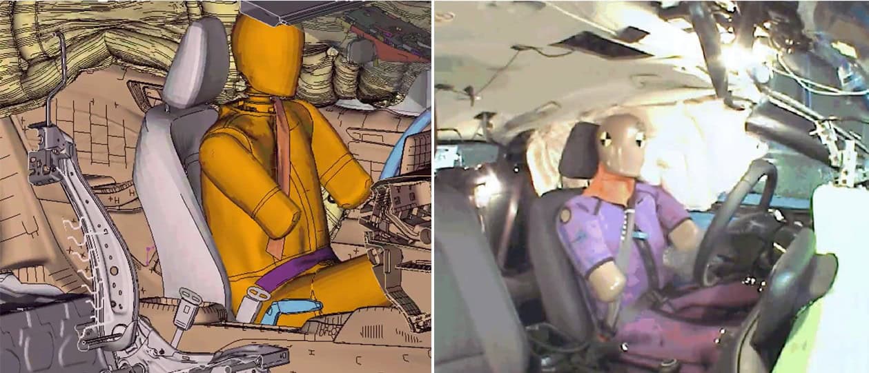 Crash dummy in a car interior: simulation on the left, a frame from the physical crash test on the right