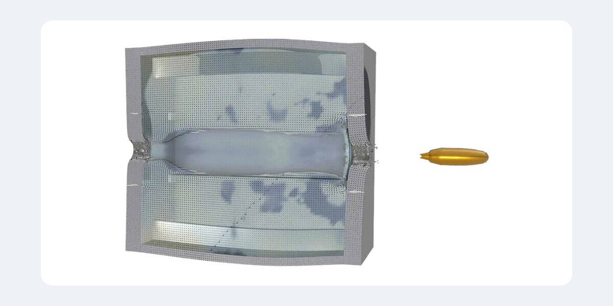 Projectile striking a layered protective panel in a ballistic impact simulation