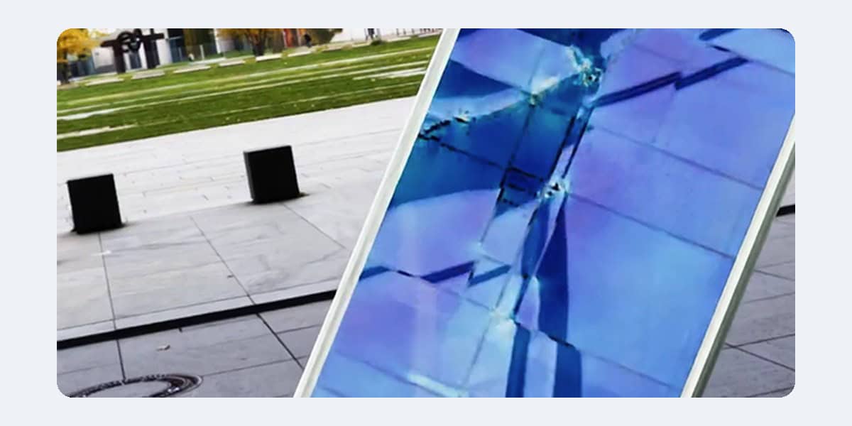 Smartphone drop test simulation: stress on the cracked screen of a phone falling onto pavement