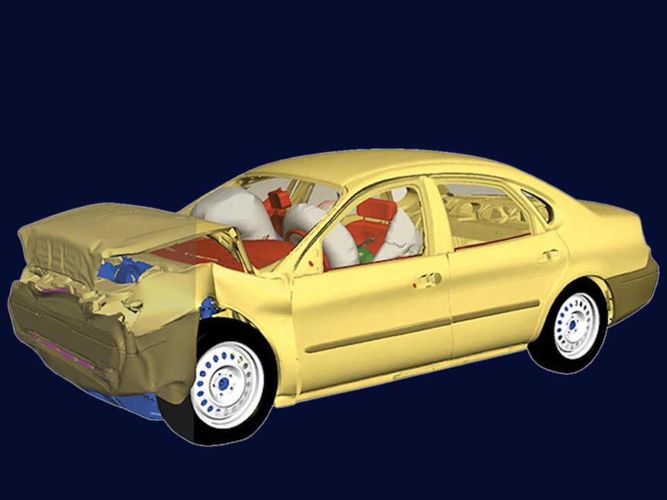 Simcenter Radioss crash simulation of a saloon car after a frontal impact, with a deformed front end and deployed airbags