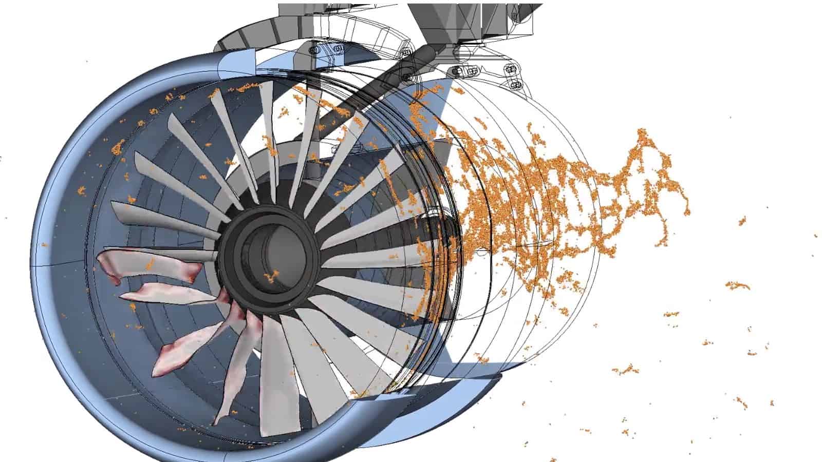 Bird strike on a jet engine fan simulated in Simcenter Radioss: damaged blades and scattered bird debris